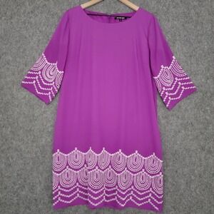 Gianni Bini Dress Womens L Bright Mauve Embroidered Shift 3/4 Sleeve Back Zip